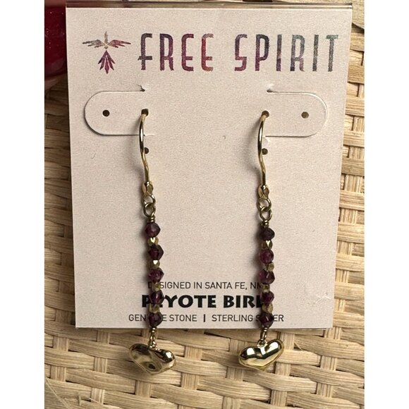 Peyote Bird Garnet Beaded Heart Drop Dangle Earrings Sterling Silver Artzy Boho - Picture 1 of 10
